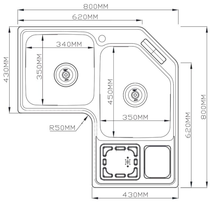 B2-8080 轉(zhuǎn)角盆（帶刀架、垃圾桶、解凍面）